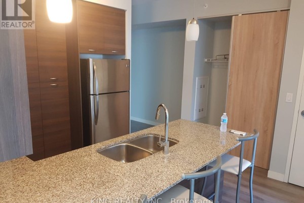 Kitchen area showing a double sink, granite countertop, and a glimpse of a closet with sliding doors. - 1405 - 318 Spruce Street, Waterloo