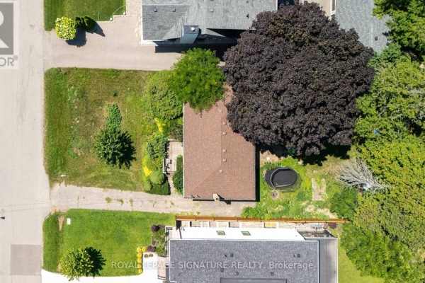 Top-down view of the bungalow and its backyard, featuring a large dark-leaved tree and a small round trampoline. - 1405 Constance Drive, Oakville