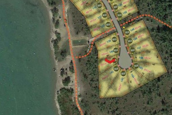 Aerial view of a wooded area with dashed red lines indicating marked public trails and lot boundaries. - 141, 41310 Range Road 282, Rural Lacombe County