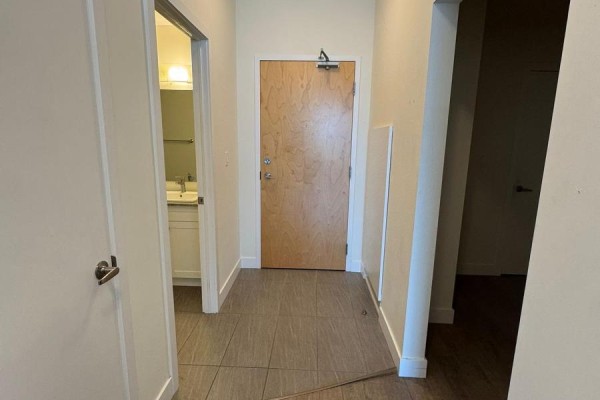 Hallway view showing entry door, bathroom door, and a closet. - 1410 - 100 Garment Street N, Kitchener