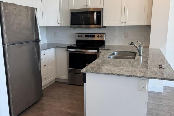 Kitchen area with stainless steel appliances, white cabinets, and granite counters. - 1410 - 100 Garment Street N, Kitchener