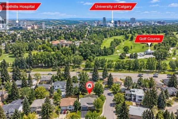 Aerial view showing proximity of 1415 Rosehill Drive NW, Calgary to Foothills Hospital and University of Calgary. - 1415 Rosehill Drive Nw, Calgary