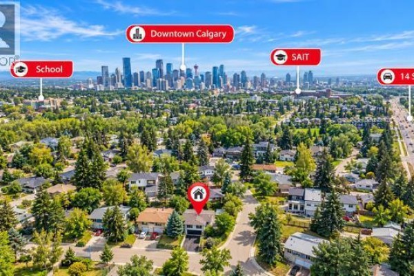 Aerial view showing proximity of 1415 Rosehill Drive NW, Calgary to downtown Calgary and SAIT. - 1415 Rosehill Drive Nw, Calgary