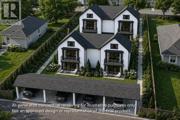 Aerial view of the rear of two duplexes showing balconies and carport. - 1416 Eighth Avenue, New Westminster