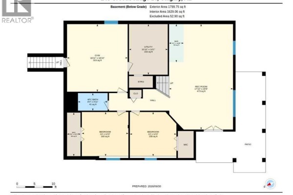 Basement floor plan of 143 Crocus Ridge Drive, indicating bedrooms, gym, and utility areas. - 143 Crocus Ridge Drive, Rural Rocky View County