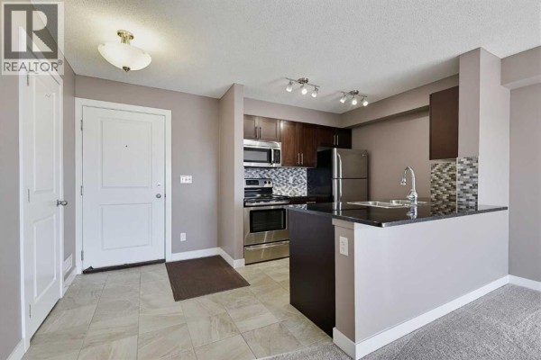 Open concept living space showing an apartment entryway, kitchen with dark cabinets, and carpeted living area. - 1438, 81 Legacy Boulevard Se, Calgary