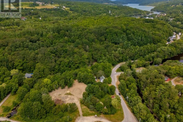 Aerial view of wooded land, featuring a clearing and a winding road leading towards a distant body of water. - 1438 River Road, Bear River