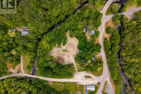 Top-down aerial view of a cleared area within a wooded lot, bordered by trees and a small creek. - 1438 River Road, Bear River