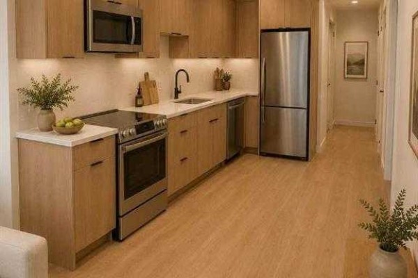 Compact kitchen with light wood cabinets, white countertops, stainless steel appliances, and a view down the hallway. - 1450 19 Avenue Sw, Calgary