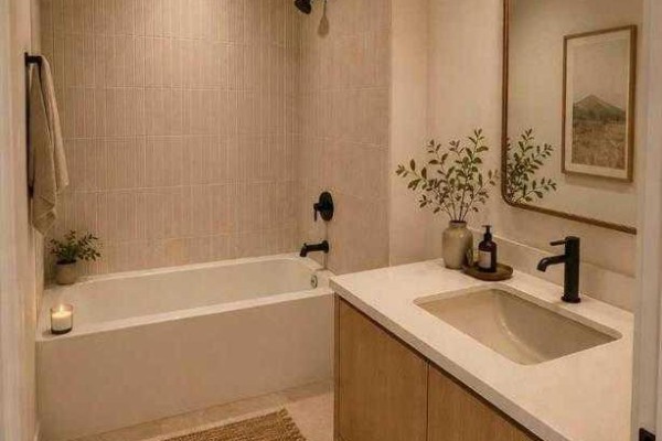 Bathroom with a bathtub, tiled walls, a vanity with a single sink, and a large mirror. - 1450 19 Avenue Sw, Calgary