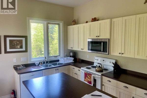 A two-bay garage with a red metal roof and white siding, set amongst evergreen trees. - 1475 Courtenay Brown Road, Bridesville