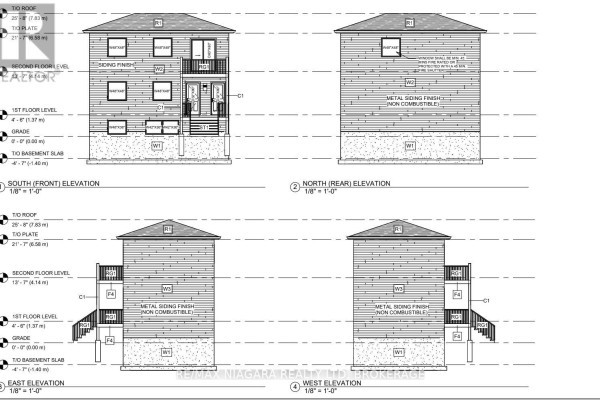 Architectural elevations of the house showing front, rear, east, and west views with measurements. - 148 Kinnear Street, Port Colborne