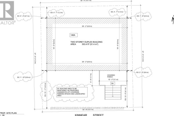 Site plan showing the lot dimensions and the footprint of the two-storey duplex building area. - 148 Kinnear Street, Port Colborne