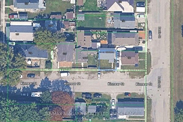 Aerial view of the neighborhood showing numbered houses and streets, highlighting 148 Kinnear Street. - 148 Kinnear Street, Port Colborne