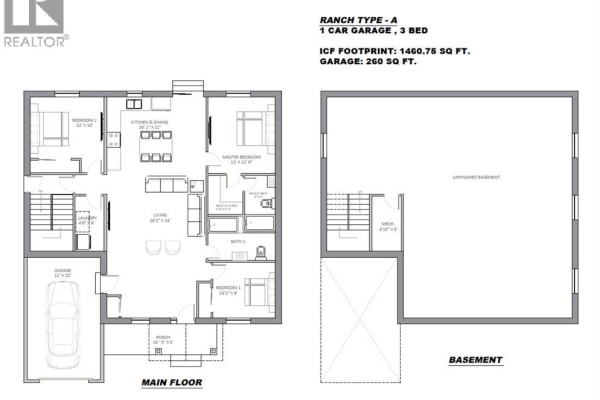 Floor plans for the main floor and basement of a ranch home with 3 bedrooms and a garage. - 148 Ross Crescent, Colchester