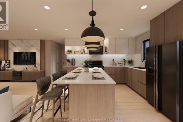 Kitchen and dining area with an island, contemporary cabinetry, stainless steel appliances, and a living room view. - 148 Ross Crescent, Colchester