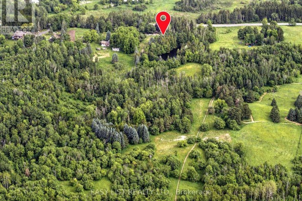 Aerial view of the property showing a red marker indicating a location within the treed area. - 14877 The Gore Road, Caledon