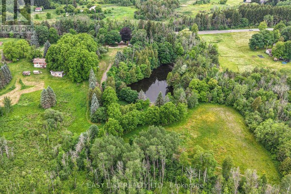 Aerial view of a pond on the property surrounded by lush green trees and grass. - 14877 The Gore Road, Caledon
