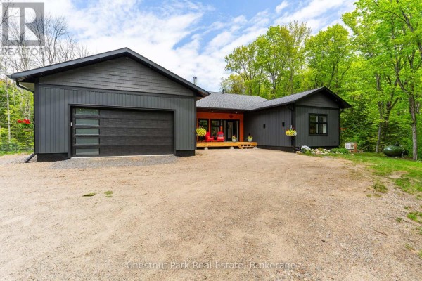 Modern kitchen with black cabinets, a white island with black stools, and stainless steel appliances. - 149 Lynx Drive, Kearney