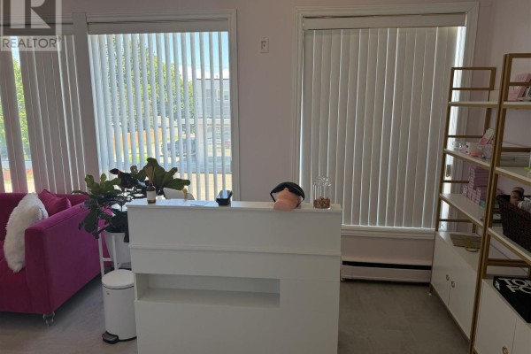 Reception desk with a cash register, plants, and a gold shelving unit to the right. - 1496 Wellington St E # 204, Sault Ste  Marie