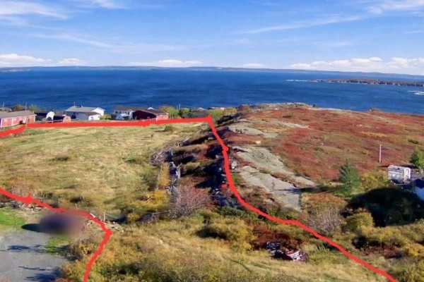 Aerial view of coastal land with red lines marking property boundaries and houses. - 15-17 Cemetery Road, Upper Island Cove