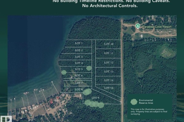 Aerial map shows 15 numbered lots bordering a lake, with Paradise Cove Resort visible. - #15 62064 Range Road 133, Rural Smoky Lake County