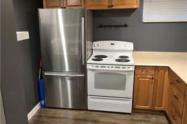 Compact basement kitchen with stainless steel refrigerator and white stove. - 15 Bolan Court Unit# Basement, Hamilton