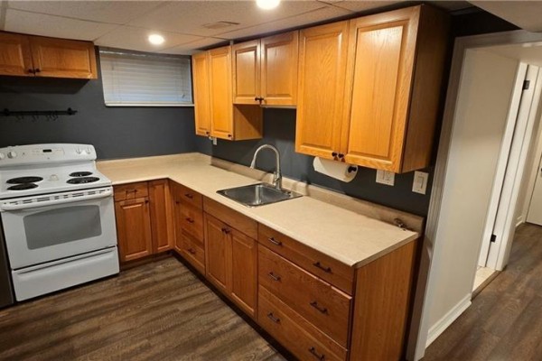 Basement kitchen with light wood cabinets, stainless steel sink, and white stove. - 15 Bolan Court Unit# Basement, Hamilton