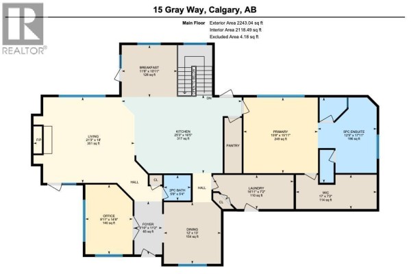 Main floor plan of the house showing living room, kitchen, dining room, primary bedroom, and other rooms. - 15 Gray Way, Rural Rocky View County