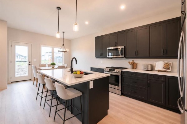Modern kitchen with dark cabinets, white marble island with bar stools, and stainless steel appliances. - 15 Hester Park Cove, Grande Pointe