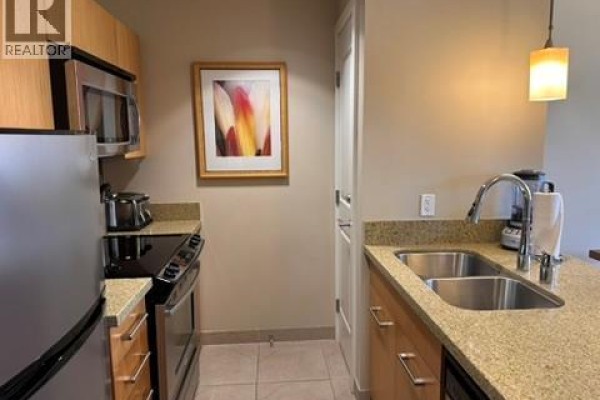 Compact kitchen with stainless steel appliances, granite countertops, and a double sink. - 15 Park Place Unit# 209, Osoyoos