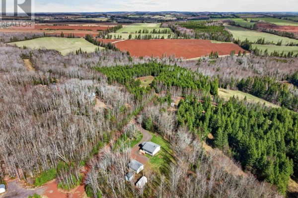 Aerial view of a wooded property with a light green home and surrounding agricultural fields. - 15 Silver Tree Lane, Grahams Road