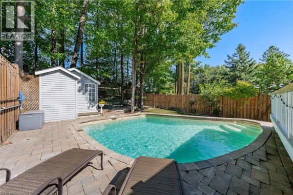Backyard with a swimming pool, stone patio, lounge chairs, and a small shed. - 150 Coach Hill Drive, Kitchener