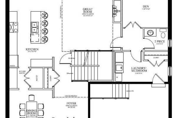 Floor plan of the main level with labeled rooms including kitchen and great room. - 150 Locky Lane, Middlesex Centre