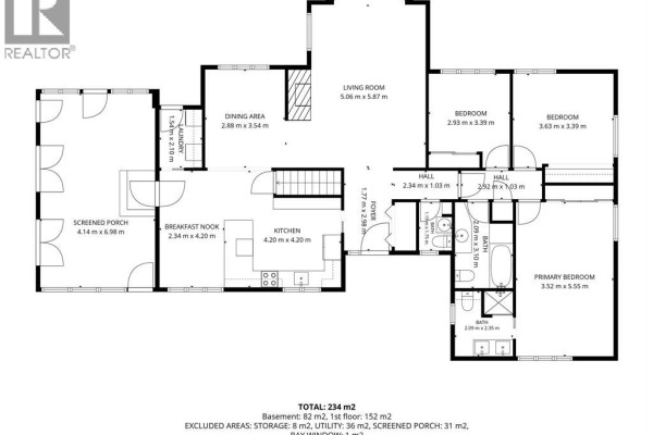 Main floor plan showing living areas, bedrooms, kitchen, bathrooms, laundry, and screened porch. - 150 Murdoch Street, Harrow
