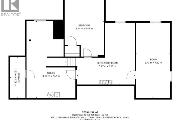 Basement floor plan showing a bedroom, recreation room, storage, utility room, and an unfinished room. - 150 Murdoch Street, Harrow