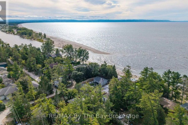 Aerial view of the Wasaga Beach shoreline with houses nestled amongst trees and a vast expanse of water. - 150 Santos Lane, Wasaga Beach