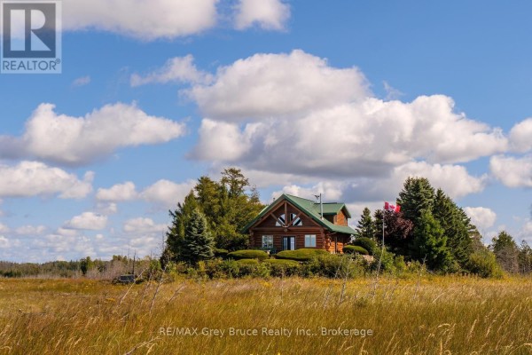 A wooden log cabin with a green roof sits on a grassy hill, surrounded by mature trees under a cloudy blue sky. - 150 Shoreline Avenue, South Bruce Peninsula