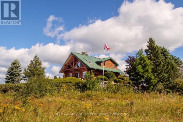 Side view of a log cabin with a green metal roof, surrounded by trees and tall grasses, under a blue sky with clouds. - 150 Shoreline Avenue, South Bruce Peninsula