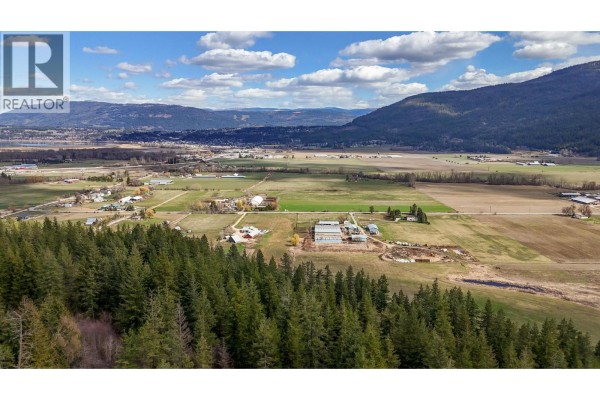 A muddy, tire-tracked dirt road curves through a grassy area with trees and distant mountains. - 1500 60 Street Sw, Salmon Arm