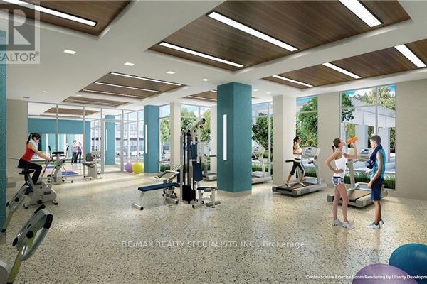 Fitness center with cardio machines, weight equipment, and large windows. - 1502 - 3700 Highway 7 Road W, Vaughan