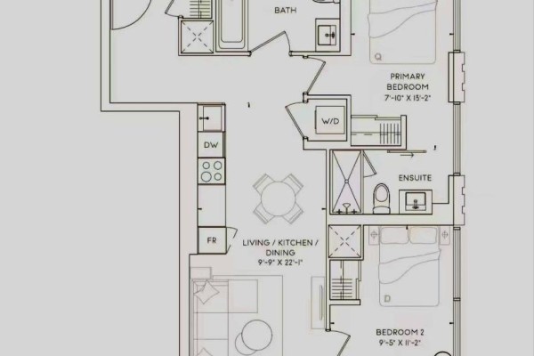 Floor plan of a two-bedroom apartment with living, kitchen, and dining areas. - 1502 - 91 Montclair Avenue, Toronto