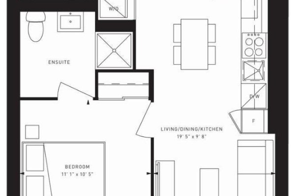Floor plan of a one-bedroom apartment showing living, dining, kitchen, bedroom, ensuite, and W/D areas. - 1507 - 1000 Portage Parkway, Vaughan