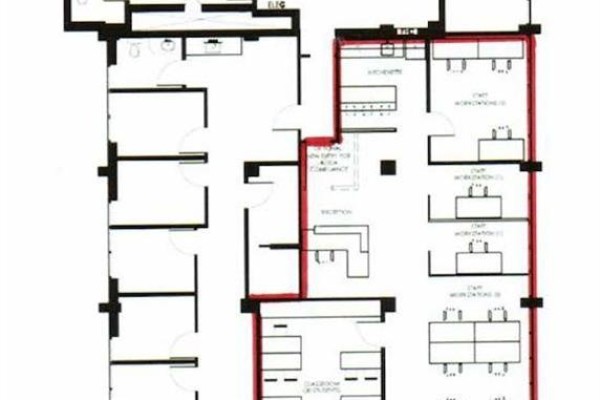 Floor plan shows reception, kitchenette, offices, and multiple staff workstations with desks. - 151-153 Frederick Street Unit# 200 & 400, Kitchener