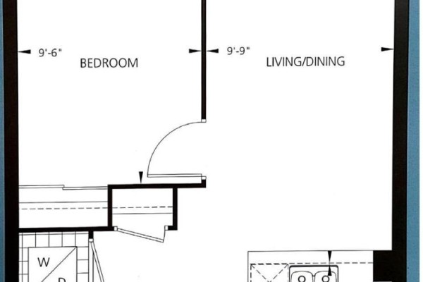 Floor plan showing bedroom, living/dining area, kitchen, and bathroom. - 1511 - 5162 Yonge Street, Toronto