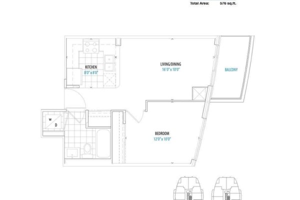 Floor plan of a one-bedroom apartment with kitchen, living/dining area, bathroom, and balcony. - 1512 - 35 Watergarden Drive, Mississauga