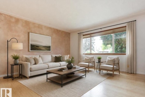 Living room furnished with a sofa, chairs, coffee table, and a large window with curtains. - 15216 86 Av Nw, Edmonton