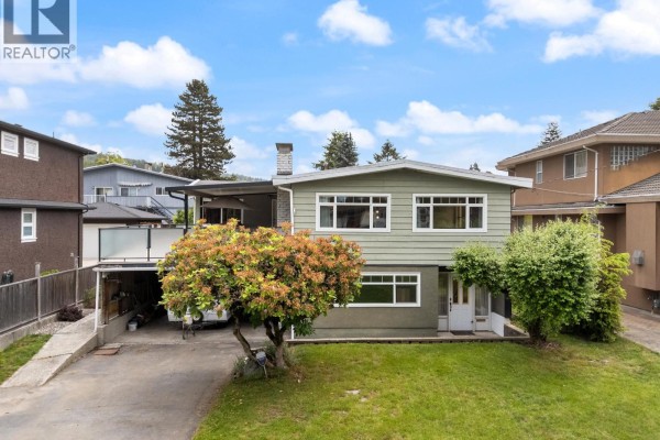 Close-up exterior view of a two-story green house with a large tree and shrubs in front. - 1530 Sherlock Avenue, Burnaby