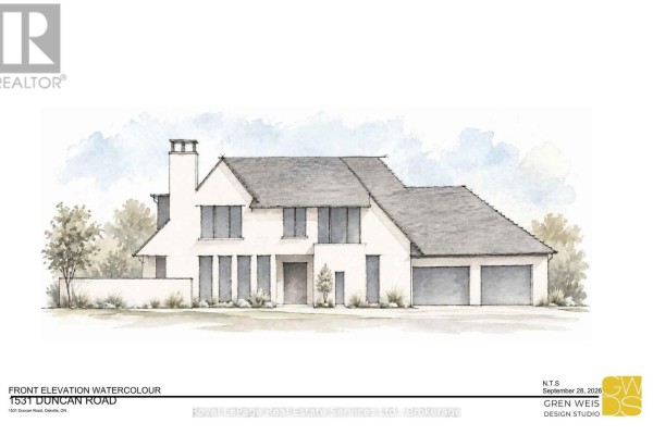 Architectural watercolour rendering of a modern two-storey home with a pitched roof and integrated garage. - 1531 Duncan Road, Oakville