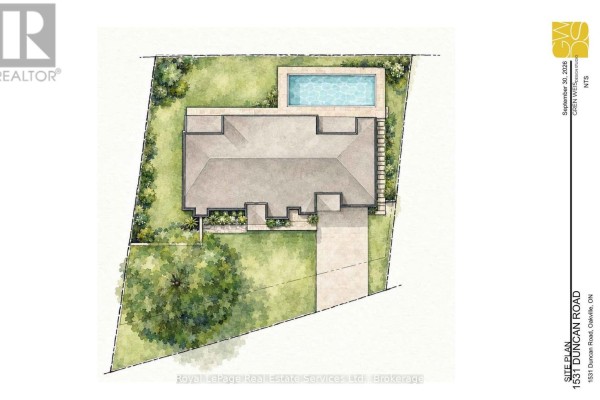 Architectural site plan watercolour showing a rectangular house with a pool and surrounding landscaping. - 1531 Duncan Road, Oakville